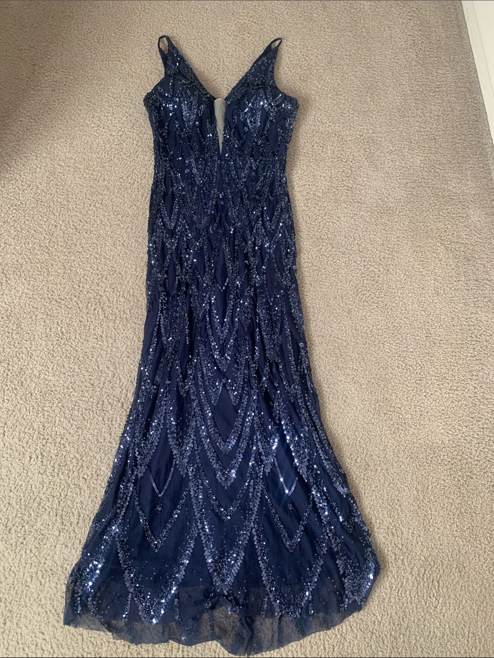 Aqua Navy Sequin V‑Neck Evening Gown